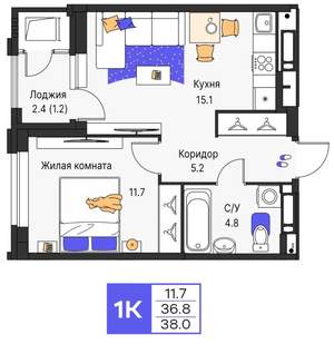 1-к квартира, строящийся дом, 38м2, 11/25 этаж