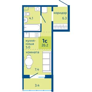 1-к квартира, вторичка, 26м2, 1/8 этаж