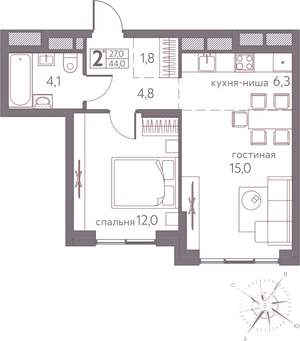 2-к квартира, строящийся дом, 44м2, 9/20 этаж