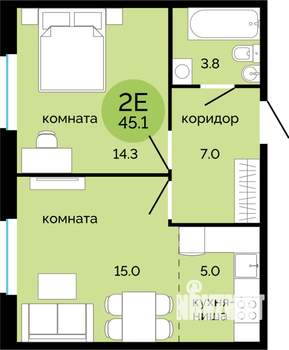 2-к квартира, вторичка, 45м2, 5/15 этаж