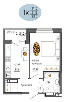 1-к квартира, строящийся дом, 33м2, 20/25 этаж