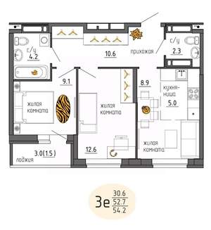 3-к квартира, строящийся дом, 54м2, 23/25 этаж