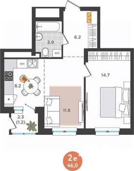 2-к квартира, вторичка, 46м2, 15/25 этаж