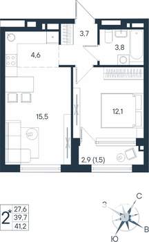 2-к квартира, строящийся дом, 41м2, 11/15 этаж