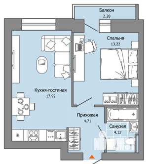 1-к квартира, вторичка, 41м2, 7/8 этаж