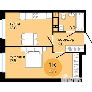 1-к квартира, строящийся дом, 39м2, 18/25 этаж