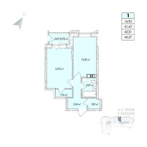 1-к квартира, строящийся дом, 44м2, 7/8 этаж