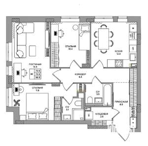3-к квартира, вторичка, 71м2, 2/9 этаж