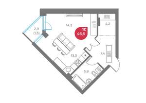 Студия квартира, вторичка, 47м2, 4/9 этаж