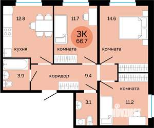 3-к квартира, вторичка, 67м2, 5/7 этаж