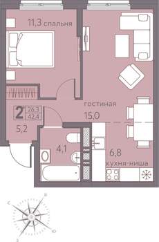 2-к квартира, строящийся дом, 42м2, 13/22 этаж