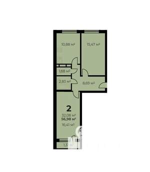 2-к квартира, строящийся дом, 56м2, 1/7 этаж