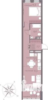 2-к квартира, строящийся дом, 44м2, 16/22 этаж