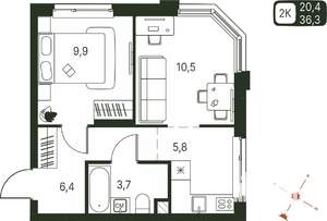 Студия квартира, строящийся дом, 36м2, 2/20 этаж