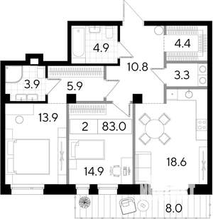 Студия квартира, вторичка, 83м2, 1/8 этаж