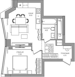 2-к квартира, строящийся дом, 43м2, 16/28 этаж