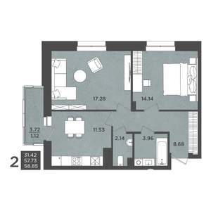 2-к квартира, строящийся дом, 59м2, 10/24 этаж