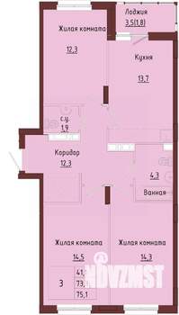 3-к квартира, строящийся дом, 77м2, 7/9 этаж