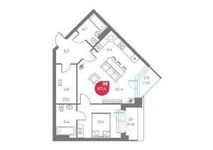 2-к квартира, вторичка, 67м2, 8/9 этаж