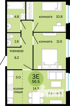 3-к квартира, строящийся дом, 57м2, 5/17 этаж