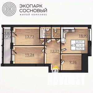2-к квартира, вторичка, 75м2, 4/4 этаж