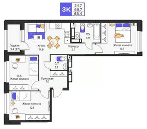 3-к квартира, строящийся дом, 68м2, 13/16 этаж
