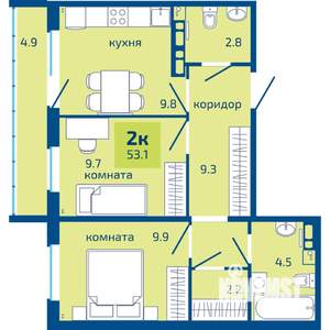 2-к квартира, строящийся дом, 53м2, 6/10 этаж
