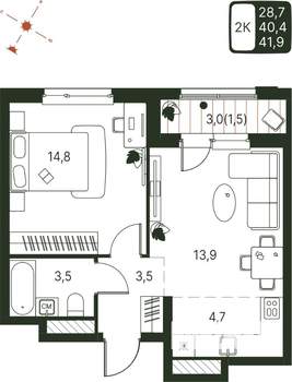 Студия квартира, строящийся дом, 42м2, 6/20 этаж