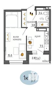 1-к квартира, строящийся дом, 31м2, 24/25 этаж