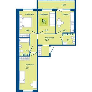 3-к квартира, строящийся дом, 73м2, 7/10 этаж