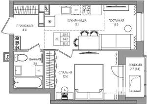 2-к квартира, вторичка, 36м2, 6/22 этаж