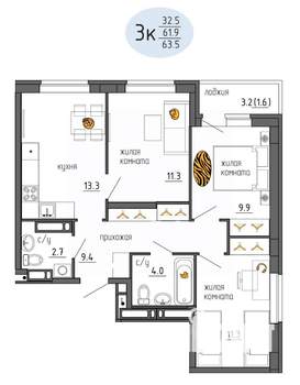 3-к квартира, строящийся дом, 64м2, 24/25 этаж
