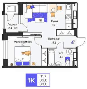 1-к квартира, строящийся дом, 38м2, 10/25 этаж