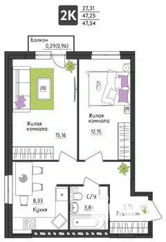 2-к квартира, строящийся дом, 48м2, 2/4 этаж