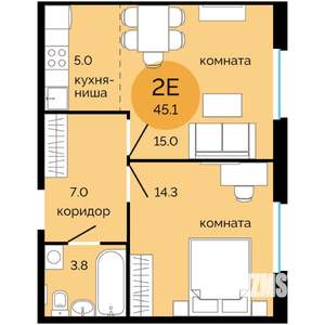 2-к квартира, вторичка, 45м2, 2/12 этаж