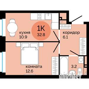 1-к квартира, строящийся дом, 33м2, 24/25 этаж