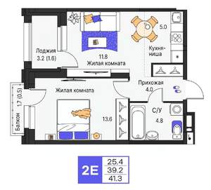 2-к квартира, строящийся дом, 41м2, 5/19 этаж
