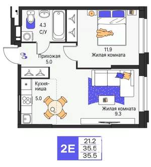 2-к квартира, строящийся дом, 36м2, 3/25 этаж