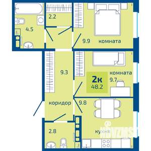 2-к квартира, строящийся дом, 48м2, 3/10 этаж