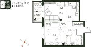 Студия квартира, строящийся дом, 39м2, 13/20 этаж
