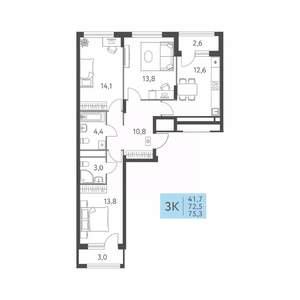 3-к квартира, вторичка, 75м2, 3/22 этаж