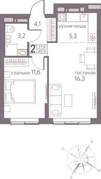 2-к квартира, строящийся дом, 41м2, 15/20 этаж
