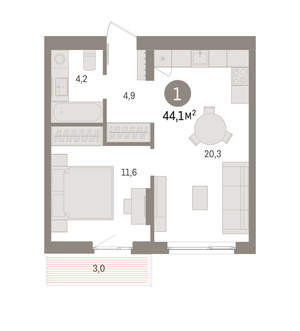 1-к квартира, вторичка, 44м2, 2/11 этаж