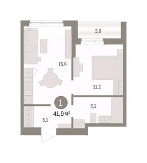 1-к квартира, вторичка, 42м2, 9/16 этаж