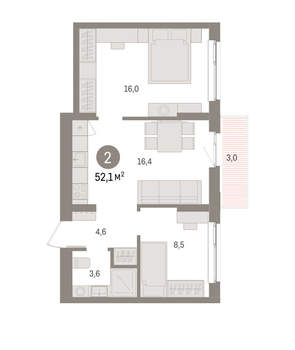 2-к квартира, вторичка, 52м2, 8/11 этаж