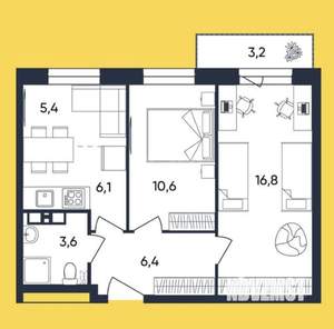 3-к квартира, строящийся дом, 56м2, 1/9 этаж