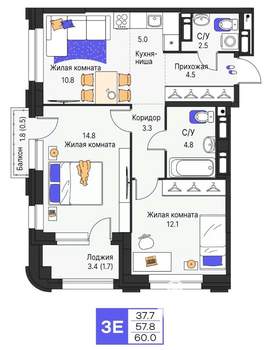 3-к квартира, строящийся дом, 60м2, 9/19 этаж