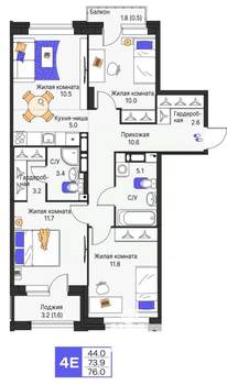 4-к квартира, строящийся дом, 76м2, 4/9 этаж