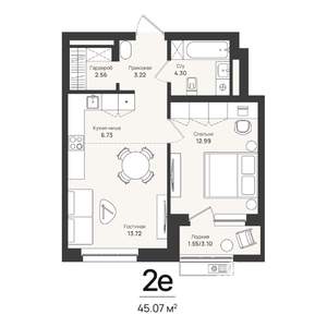 2-к квартира, строящийся дом, 45м2, 12/16 этаж