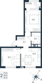 2-к квартира, строящийся дом, 47м2, 12/15 этаж